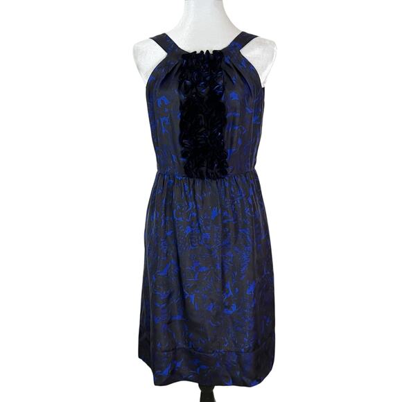 🎁 J. Crew Collection Black and Blue Floral Print Rosette Ruffle Silk Dress 8 - Picture 1 of 6